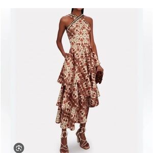 Autumn Adeigbo Brown Abstract Print Tiered Crisscross Midi Sidney Dress Size 6